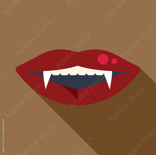 Red lips showing fangs biting lower lip with beauty spots