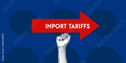 Robotic hand pushing a red arrow labeled import tariffs against blue backdrop