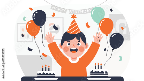 Modern flat vector illustration of an excited child celebrating a birthday with balloons and cake, expressing joy and anticipation