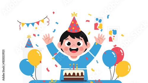 Modern flat vector illustration of an excited child celebrating a birthday with balloons and cake, expressing joy and anticipation