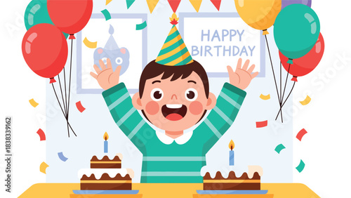 Modern flat vector illustration of an excited child celebrating a birthday with balloons and cake, expressing joy and anticipation