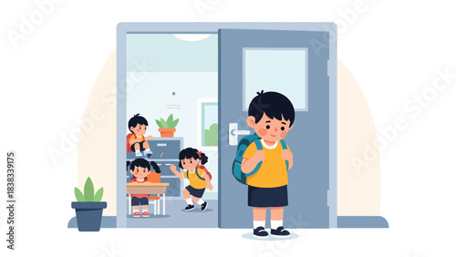 Modern flat vector illustration of a shy child standing quietly while meeting new classmates, showing hesitation and social nervousness