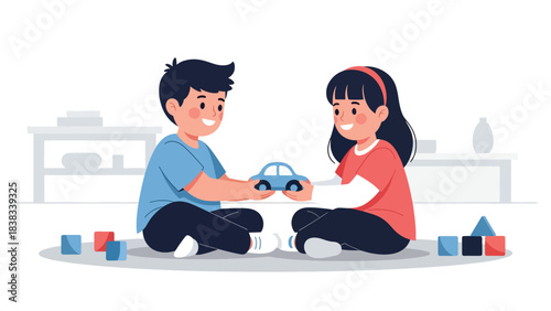 Modern flat vector illustration of two children sitting together and sharing toys with friendly expressions, demonstrating positive social skills