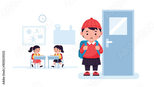 Modern flat vector illustration of a shy child standing quietly while meeting new classmates, showing hesitation and social nervousness