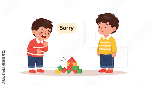 Modern flat vector illustration of a child apologizing to another child after conflict, demonstrating communication and empathy