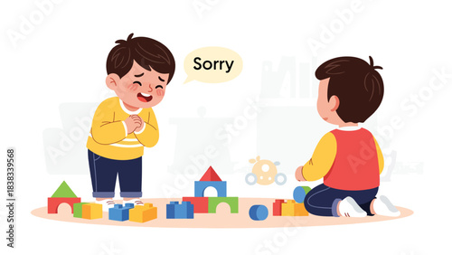 Modern flat vector illustration of a child apologizing to another child after conflict, demonstrating communication and empathy