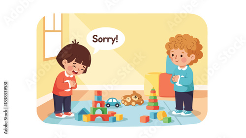 Modern flat vector illustration of a child apologizing to another child after conflict, demonstrating communication and empathy