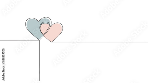 Continuous line drawing of two interconnected hearts, one pink, one blue, symbolizing love and unity.