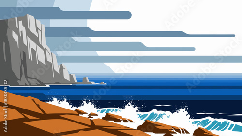 Stylized flat illustration of a rugged coastline with crashing waves and distant cliffs under a cloudy sky.