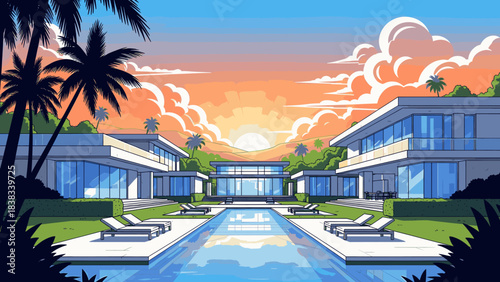Luxury modern villa with swimming pool and palm trees at sunset, contemporary architecture illustration