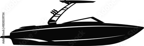 Modern speed boat silhouette, powerboat vector illustration, watercraft graphic design, motorboat icon, nautical transport symbol, marine sport vessel artwork