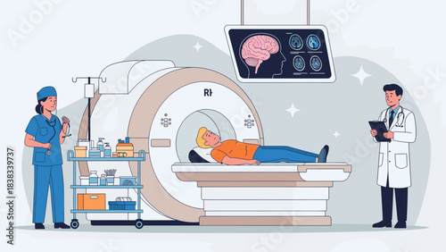 Medical professionals conduct mri scan on patient lying down in modern diagnostic imaging machine