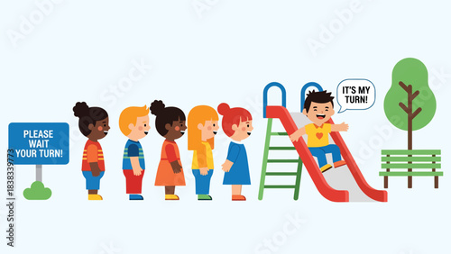 Modern flat vector illustration of children waiting patiently in line at a playground slide, demonstrating turn-taking manners