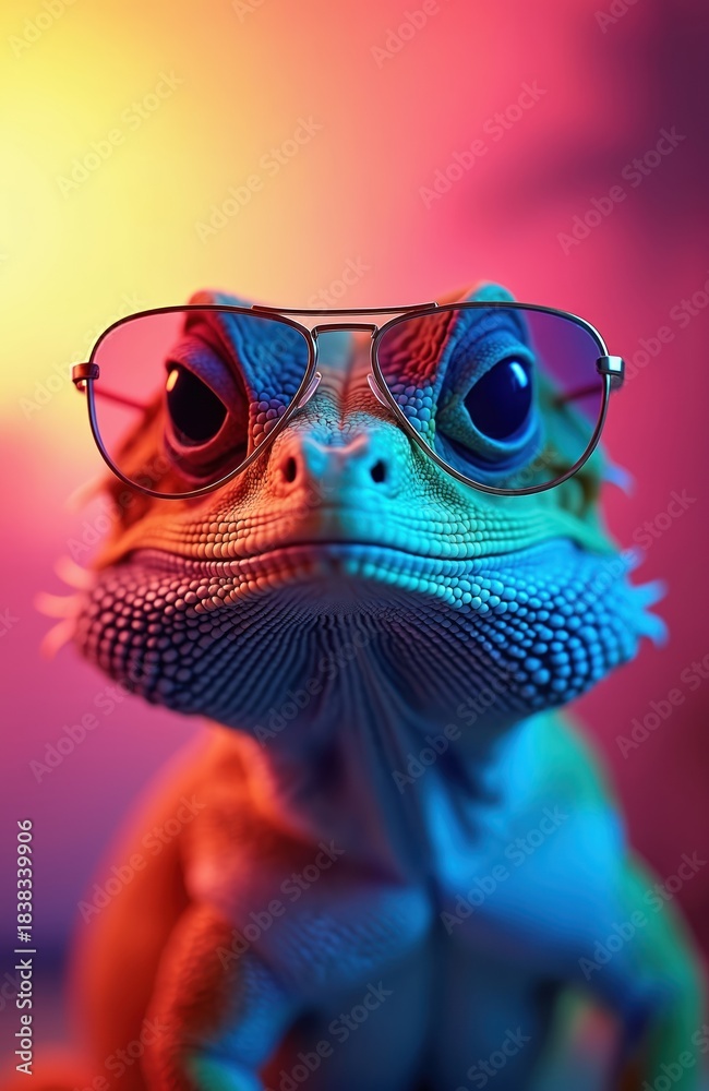 Obraz premium Funny bearded dragon wears aviator glasses against a neon tropical backdrop. Reptile poses with cool attitude, vibrant colors glow. Animal shows off retro style, disco party vibe.