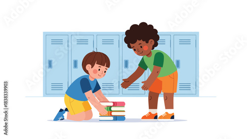 Modern flat vector illustration of a child helping a friend pick up fallen books, demonstrating kindness, empathy, and cooperation