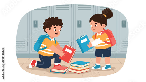 Modern flat vector illustration of a child helping a friend pick up fallen books, demonstrating kindness, empathy, and cooperation