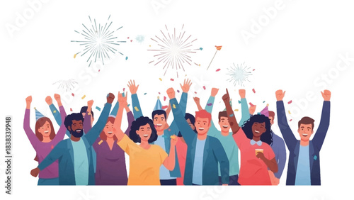 Celebration of joy: A jubilant crowd of individuals celebrate with raised arms, capturing the essence of togetherness, the joy of the party atmosphere with colorful confetti and fireworks.