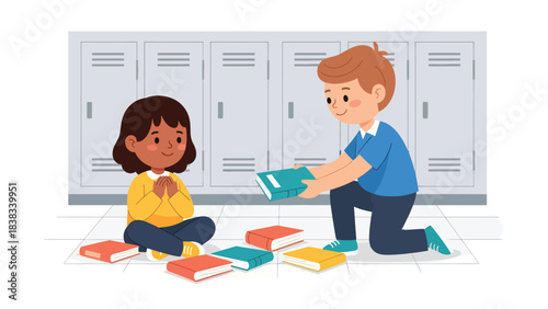 Modern flat vector illustration of a child helping a friend pick up fallen books, demonstrating kindness, empathy, and cooperation