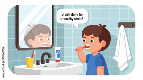 Modern flat vector illustration of a child brushing teeth in the bathroom as part of a healthy daily routine