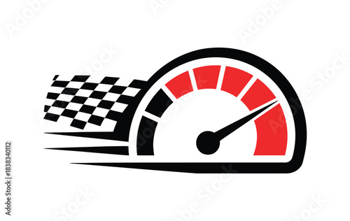 Speedometer and Racing Flag Logo, Vector Illustration Featuring Motorsport Emblem, High-Speed Concept
