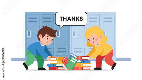 Modern flat vector illustration of a child helping a friend pick up fallen books, demonstrating kindness, empathy, and cooperation