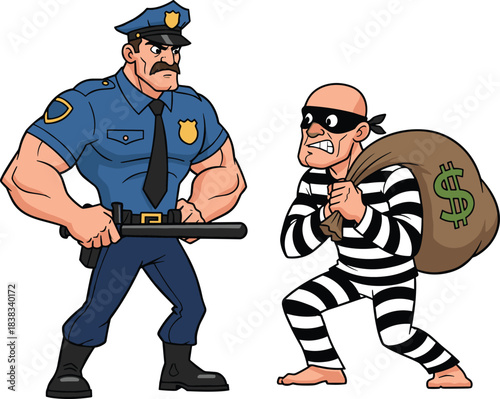 Cartoon police officer confronting burglar with money sack, crime and justice theme, humorous action scene, flat vector illustration