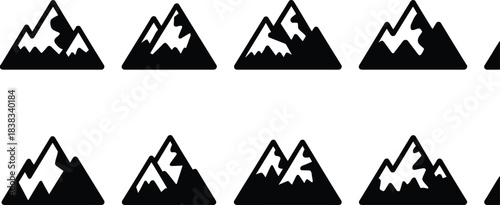 mountain icons, minimalist mountains, black and white peaks, nature symbols, alpine silhouettes, outdoor icons, adventure graphics, simple mountain set