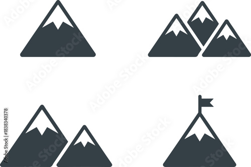 mountain icons, summit icons, peak symbols, adventure icons, simple mountains, snow peak graphics, hiking icons, minimalist outdoor logo set