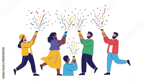 Burst of Joy: A dynamic group of individuals celebrate a momentous occasion with confetti, capturing the energy of pure elation and shared jubilation. 