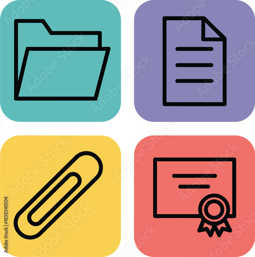 Office document icon set, folder, file, paperclip and certificate symbols, colorful square buttons, minimal line style business graphics
