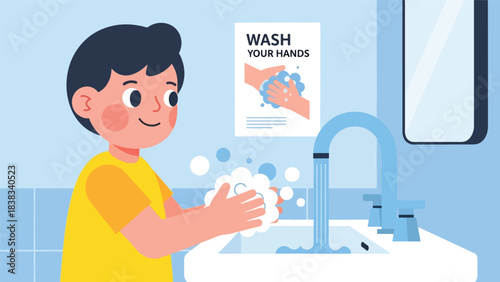 Modern flat vector illustration of a child washing hands with soap and water, demonstrating hygiene and responsibility