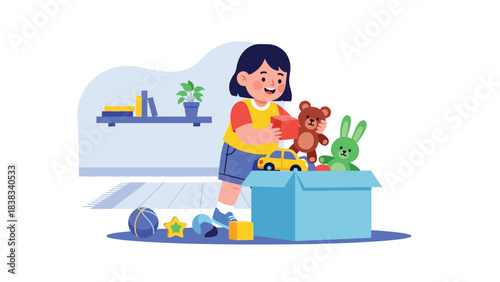 Modern flat vector illustration of a child happily cleaning up toys after playtime, showing responsibility and organizational skills