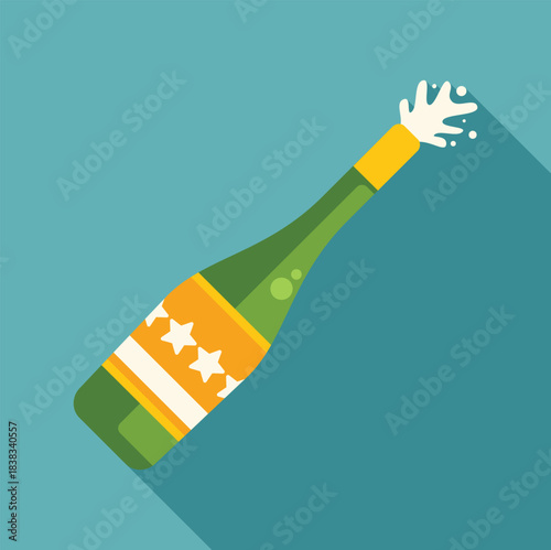 Champagne bottle spraying sparkling fizz in flat design style