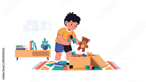 Modern flat vector illustration of a child happily cleaning up toys after playtime, showing responsibility and organizational skills