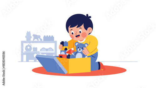 Modern flat vector illustration of a child happily cleaning up toys after playtime, showing responsibility and organizational skills