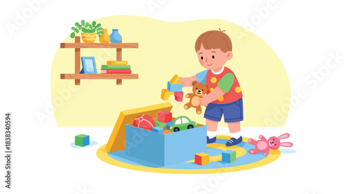 Modern flat vector illustration of a child happily cleaning up toys after playtime, showing responsibility and organizational skills
