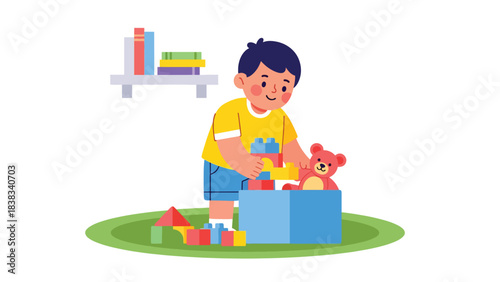 Modern flat vector illustration of a child happily cleaning up toys after playtime, showing responsibility and organizational skills