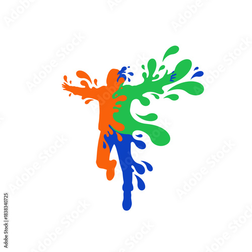 Energetic figure silhouette bursting with vibrant colorful paint splashes in dynamic movement