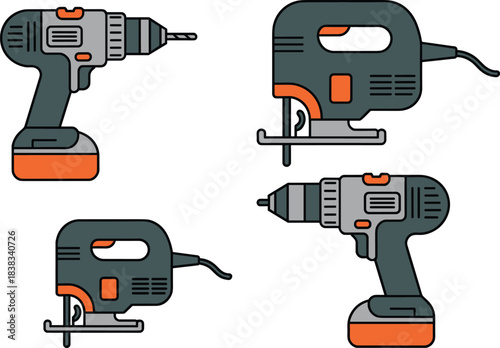 power tools illustration, electric drill, cordless drill, jigsaw tools, construction equipment, handyman tools, workshop icons, DIY tool graphic