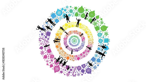 Colorful Spiral of Inclusion: A captivating illustration featuring a diverse array of silhouettes arranged in a vibrant spiral formation, celebrating inclusivity and the beauty of unity.