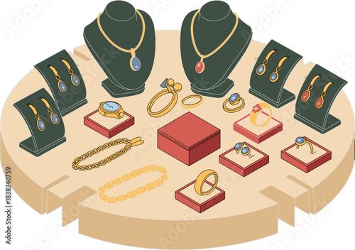isometric jewelry display, luxury necklaces, rings, earrings, bracelets, gemstone showcases, retail counter illustration, gold accessories, elegant shop interior