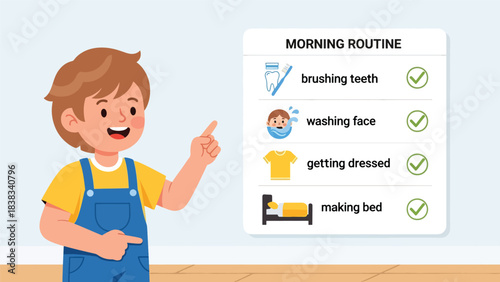 Modern flat vector illustration of a child checking a morning routine chart with icons for hygiene, dressing, and organization