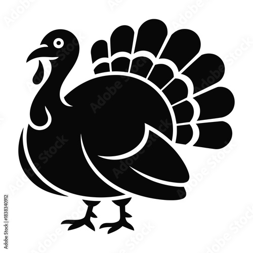 Black silhouette of happy walking turkey bird isolated on transparent background design template for thanksgiving day, autumn farm animal design elements