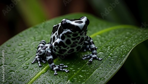 Striking black white blue poison dart frog on a wet green leaf rainforest wildlife