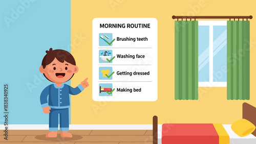 Modern flat vector illustration of a child checking a morning routine chart with icons for hygiene, dressing, and organization