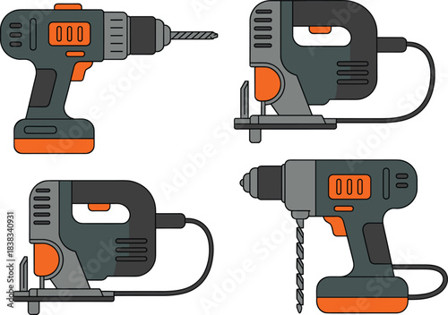 power tools illustration, electric drill, cordless drill, jigsaw tools, construction equipment, handyman tools, workshop icons, DIY tool graphic