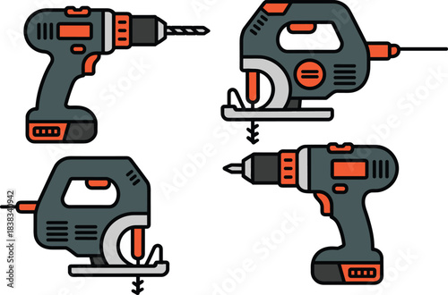 power tools illustration, electric drill, cordless drill, jigsaw tools, construction equipment, handyman tools, workshop icons, DIY tool graphic
