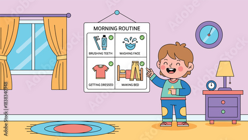 Modern flat vector illustration of a child checking a morning routine chart with icons for hygiene, dressing, and organization