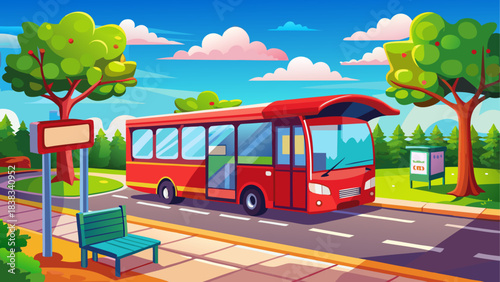 Cartoon red bus on a sunny day landscape