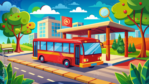 Red bus at a bus stop in a cartoon city